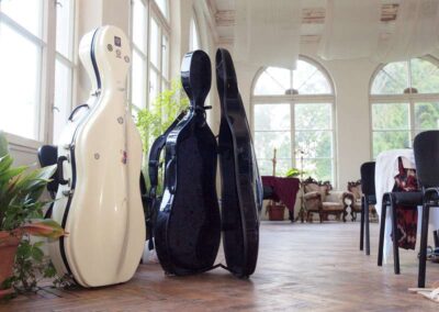 Three cello cases, one cream and two black, standing upright on herringbone wood floor in a sunlit room with arched windows.