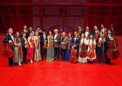 Chamber orchestra musicians posing with string instruments on red stage after classical music concert performance